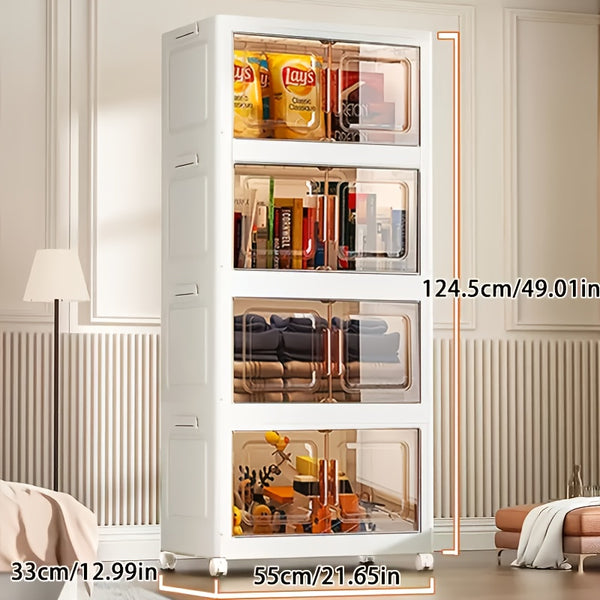 5-Tier Collapsible Plastic Storage Bins with Magnetic Doors & Wheels - Stackable High Quality Organizer, Transparent Tawny, Large Capacity (55.12x33.02x153.92cm) for Bedroom, Living Room, Kitchen, Entryway - Easy Tool-Free Assembly, Modern Aesthetic, Smoo