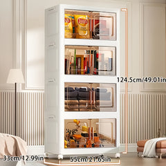 5-Tier Collapsible Plastic Storage Bins with Magnetic Doors & Wheels - Stackable High Quality Organizer, Transparent Tawny, Large Capacity (55.12x33.02x153.92cm) for Bedroom, Living Room, Kitchen, Entryway - Easy Tool-Free Assembly, Modern Aesthetic, Smoo