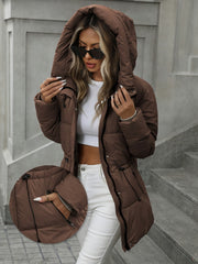 2025 New Autumn/Winter Collection: Mid-Length Puffer Coat Thickened, Warm Hooded Jacket Fashionable Casual Style with Adjustable Belt Features Zipper Closure Ideal for Daily Commuting And Outdoor