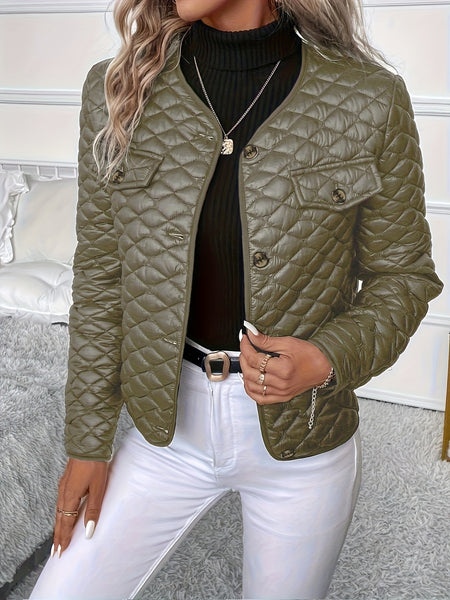 Solid Color Long Sleeve Lapel Detail Quilted Coat
