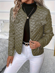Solid Color Long Sleeve Lapel Detail Quilted Coat