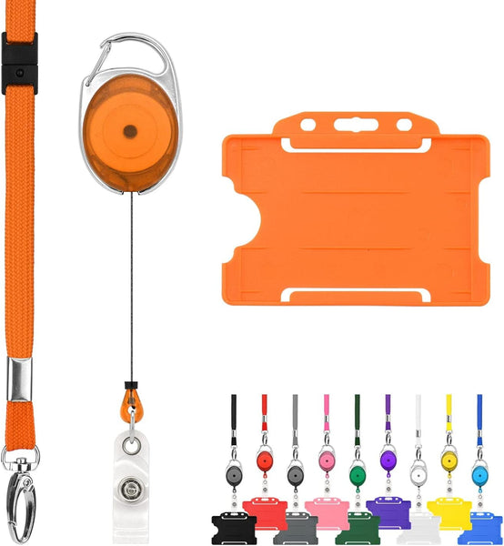 Retractable Lanyard and Badge Holder Trio Triple Pack by Lanyardstomorrow - Set Includes a Single Plain Lanyard, Extendable Carabiner Yoyo Reel Clip and Rigid ID Card Holder (Black)