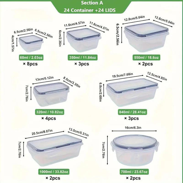 48pcs / 24pcs Plastic Refrigerator Storage Boxes, (24/12 Lids + 24/12 Containers) Kitchen Fresh‑Keeping Container Set, Refrigerator And Freezer Organizers, Fruit And Vegetable Sealed Boxes, Airtight Design, Easy‑Open Lids, Stackable Design, with Labels An