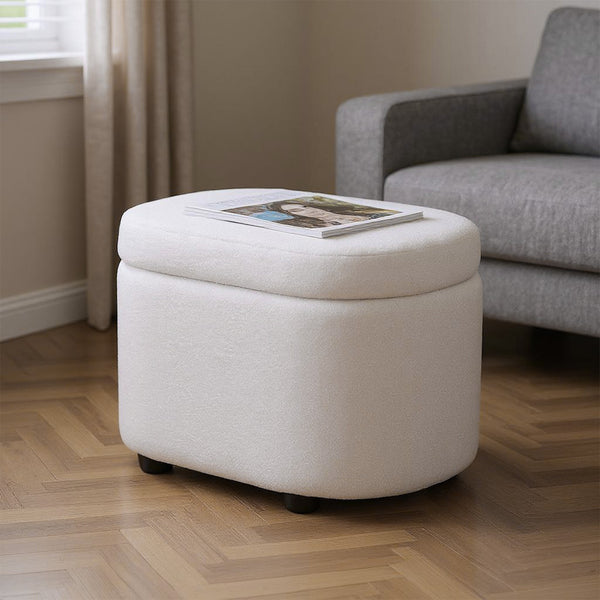 1pc Plush Teddy Round Upholstered Storage Ottoman Stool - 60x40x45cm Lidded Footrest with Hidden Storage Space | Multi-Functional Shoe Changing Bench for Living Room, Bedroom & Entryway | 3cm Black Plastic Legs (Green/White)