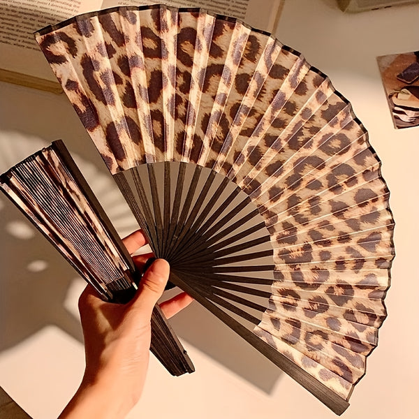 Large 23cm Retro Leopard Print Hand Fan - Portable Folding Fan Suitable for Women & Men, Fabric Cooling Fan for Summer, Parties, Rave, Dance Performances, Outdoor Events - Elegant Gift for