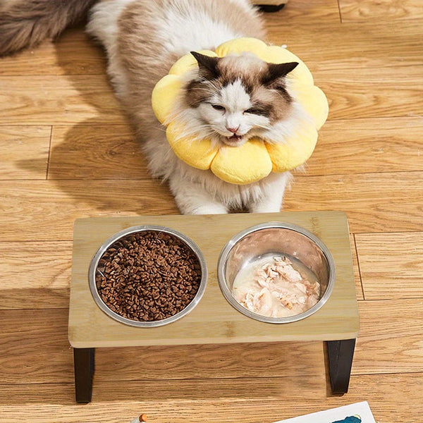 Raised Cat Food Bowl Elevated Pet Feeder With 2 Stainless Steel Bowls, 15°Tilted Stand Indoor Cats Double Dishes Feeding Station, 33*16*12cm