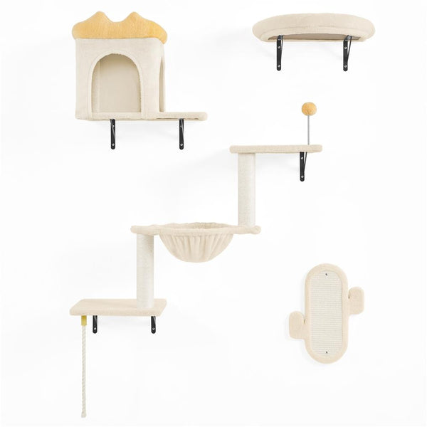 Costoffs Cat Tree Wall-Mounted Cat Furniture, Cat Wall Shelves & Perches, Climbing Shelves, Indoor Cat Tower, Wall-Mounted Cat Climbing Tree Set with Condos, Baskets & Scratching Posts, Space-Saving Cat Wall Furniture for Indoor Cats, Beige/Dark Gray