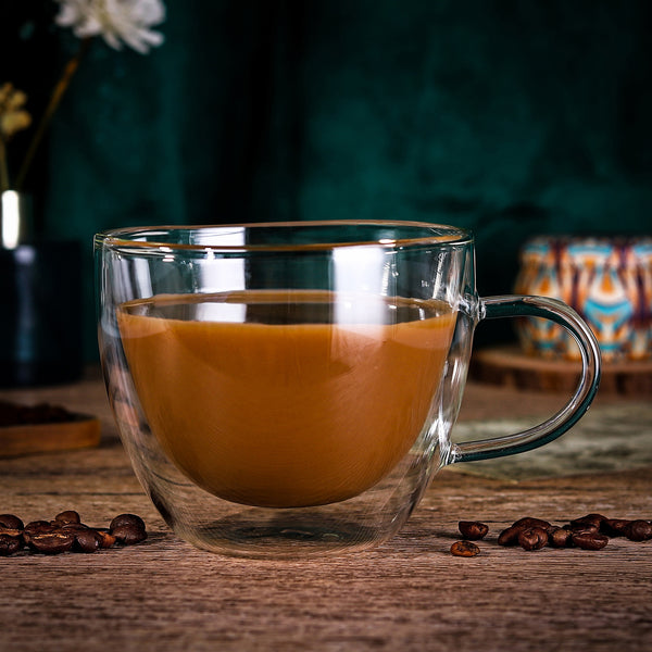 Vinsani Double Walled Coffee Drink Glasses Tea Cup Mug Heat Cold Resistant Aesthetic Clear Borosilicate Glass with Handle Cappuccino Latte Tea Dessert Hot and Cold Drinks