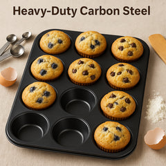ANGIX 6 & 12 Cup Muffin Tray Nonstick - Dishwasher Safe Cupcake Tins for Baking | Non-Stick Pan Muffin Trays, Baking Mould for Muffins or Cupcakes, Bakeware - (Black)