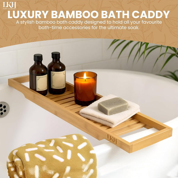 LKH Bamboo Wooden Bath Caddy Tray - Strong & Durable, Prevents Spills, & Water-Resistant Bathtub Tray for Across the Bath | Luxury Bath Shelf for Relaxation, Reading & Drinking - Gift Idea