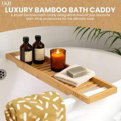 LKH Bamboo Wooden Bath Caddy Tray - Strong & Durable, Prevents Spills, & Water-Resistant Bathtub Tray for Across the Bath | Luxury Bath Shelf for Relaxation, Reading & Drinking - Gift Idea