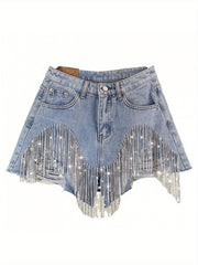Fashionable Ladies' Shorts, Featuring Worn-out Fringed Chains and Charming Designs.