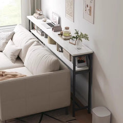 Sofa Side Table for Narrow Spaces, 2-Tier White Marble & Black Steel Shelf, 80cm Slim Console for Behind Couch, Organizer for Remote, Books, Living Room, 80*20*100cm