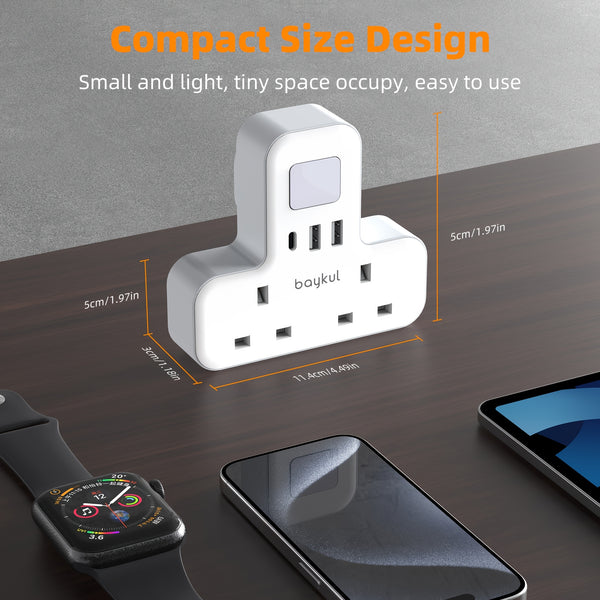 UK Plug Wall Extension Socket with 2 USB & 1 Type-C Ports, Adjustable Night Light Design for Bedroom/Kitchen, 2 AC Outlets Plug Adapter, 3250W Power Rating