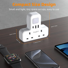 UK Plug Wall Extension Socket with 2 USB & 1 Type-C Ports, Adjustable Night Light Design for Bedroom/Kitchen, 2 AC Outlets Plug Adapter, 3250W Power Rating
