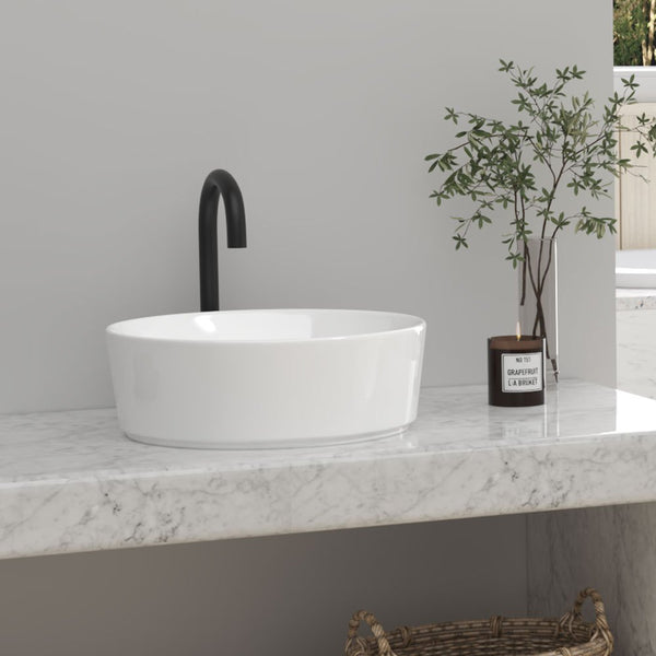Bathroom Counter Top Ceramic Basin Sink Bathroom Vanity Cloakroom Hand Wash Basin Round Bowl with Pop Up Waste Drainer, White, 405x405x146mm, Faucet Not Included