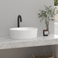 Bathroom Counter Top Ceramic Basin Sink Bathroom Vanity Cloakroom Hand Wash Basin Round Bowl with Pop Up Waste Drainer, White, 405x405x146mm, Faucet Not Included