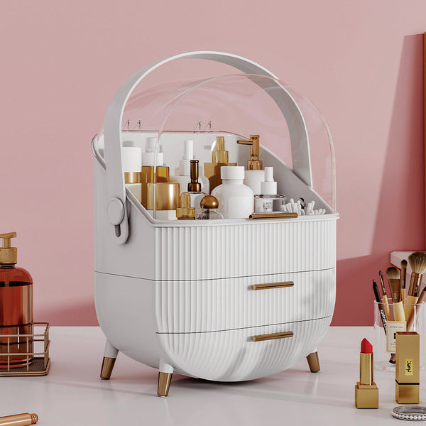 Jewelry Storage Box, White Makeup Organiser Storage Box with 2 Drawers, 25*18.5*37cm Cosmetic Organiser, Large Capacity Multi-Function Make Up Case with Clear Lid, Jewelry Display Case, Cosmetics Storage Box Suitable for Necklace, Bracelet, Watch, Earring