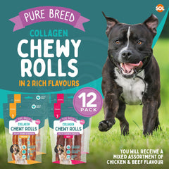 Pure Breed 12pk Medium Collagen Chewy Rolls | Long Lasting Dog Chews for Puppies & Adults | 12cm Assorted Beef & Chicken Flavour | Natural Protein-Rich Training Treats in Resealable Pack for Boredom Relief