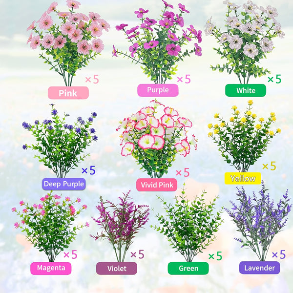 50 Bundles Outdoor Artificial Flowers - Lavender, Camellia, Horsetail Grass, Eucalyptus Leaves And More, UV Resistant Realistic Fake Flowers No Fading. Wedding Party
