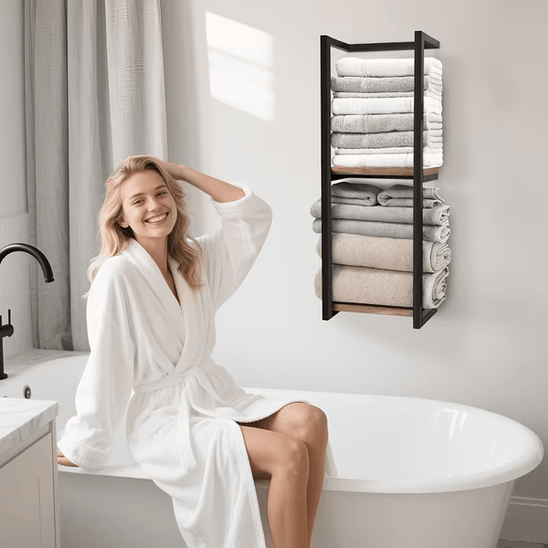 French Country Style Wall-Mounted Storage Rack | Metal Towel and Bathroom Organizer with Multiple Shelves, Ideal for Living Rooms, Bathrooms, Hotels, and Homestays, Carbon Steel, Art Deco Style, No Required