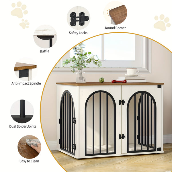Dog Crate Furniture, 68cm Wooden Dog Crate, Indoor Kennel for Small Dogs, End Side Table Animal Crates, Anti-Chew, Anti-Escape, Arched Door Design, White Brown