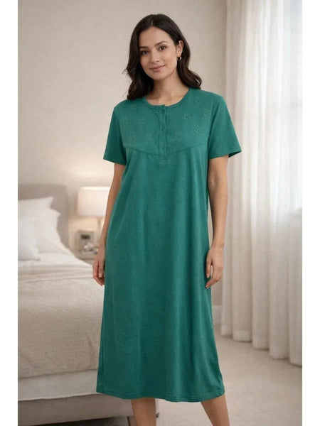 Women'S Nightdress Soft Comfortable Short Sleeve Nightie Button Front Embroidered Sleep Dress Loose Fit Midi Lounge Nightwear House Dress S-XXL