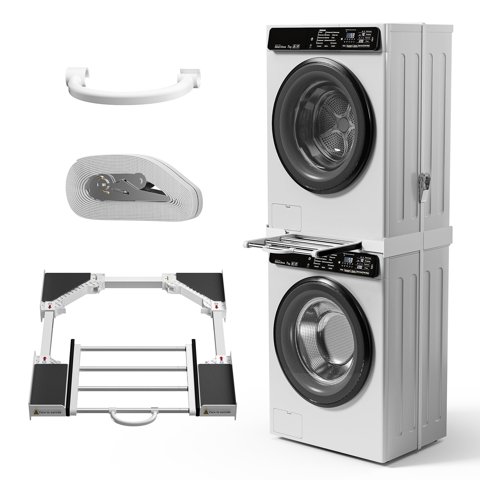 Universal Stacking Kit for Washer and Dryer, Adjustable Stacking Shelf Kit with Sliding Shelf for 51-76 cm Washer Dryer Intermediate Frame Stacking Bracket Kit with Ratchet Ropes