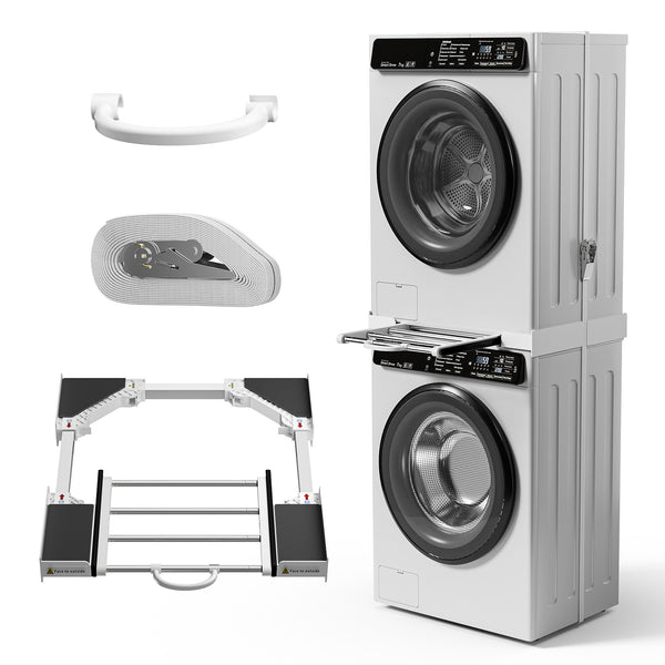 Universal Stacking Kit for Washer and Dryer, Adjustable Stacking Shelf Kit with Sliding Shelf for 51-76 cm Washer Dryer Intermediate Frame Stacking Bracket Kit with Ratchet Ropes