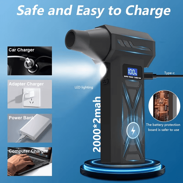 Turbine fan with 140000 revolutions per minute powerful blowing -4-speed speed regulation, multi head nozzle, LED light, suitable for car snow removal, computer dust removal, grill cleaning, outdoor camping, and home ventilation maintenance, wireless port