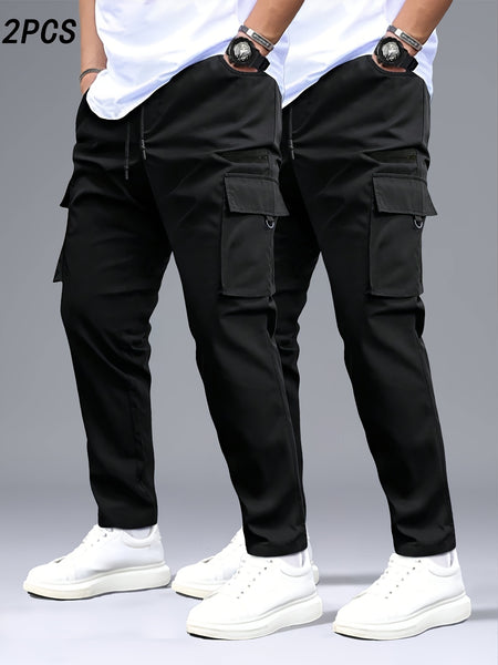 Men's 2pcs Cargo Pants with Drawstring Waist and Multiple Pockets, Suitable for Outdoor Casual Wear