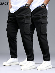 Men's 2pcs Cargo Pants with Drawstring Waist and Multiple Pockets, Suitable for Outdoor Casual Wear