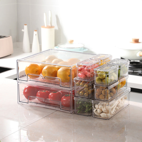Stackable Refrigerator Organizer Bins with Lids, Stackable and Pull-out Plastic Refrigerator Storage Box, Kitchen Supplies Storage Box Set of 7