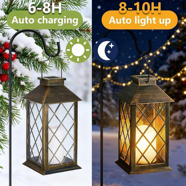 Solar Lanterns for the Garden, 2 Pack Garden Gifts, Waterproof Outdoor Lanterns with Flickering Flame Candle, Hanging Solar Lights Outdoor for Table Yard Pathway Wall Patio - Bronze
