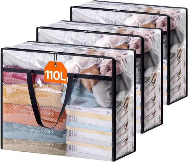 Lifewit 4 Pack Clear Plastic Storage Bags, 40L Foldable Clothes Storage Boxes Wardrobe Organizer Moving Bags with Reinforced Handle for Loft Wardrobe for Bedding Clothes Blanket Duvet