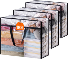 Lifewit 4 Pack Clear Plastic Storage Bags, 40L Foldable Clothes Storage Boxes Wardrobe Organizer Moving Bags with Reinforced Handle for Loft Wardrobe for Bedding Clothes Blanket Duvet