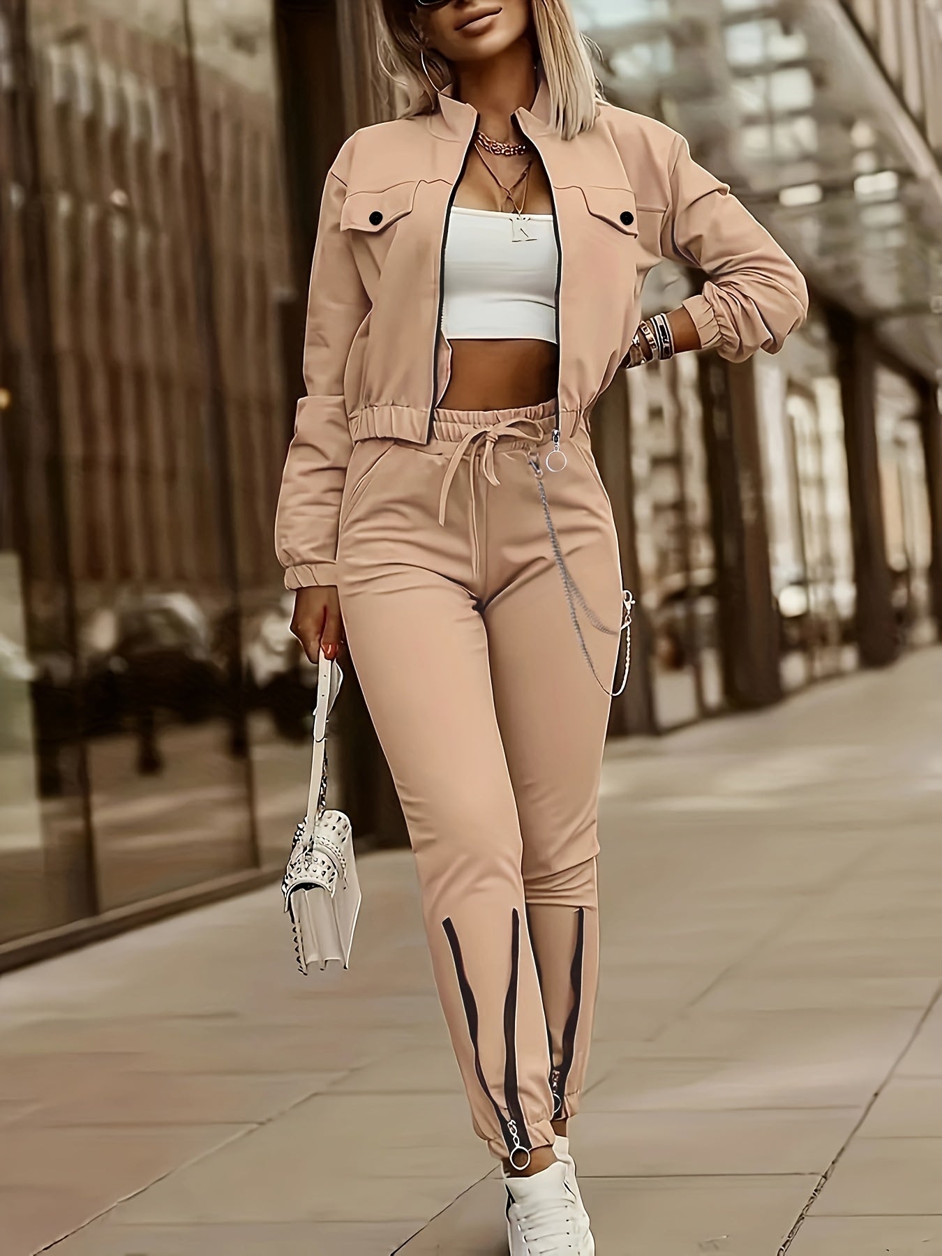 Cross-Border Women'S Two-Piece Set Zipper Long-Sleeved Top Pants Stitching Zipper Design Casual Suit