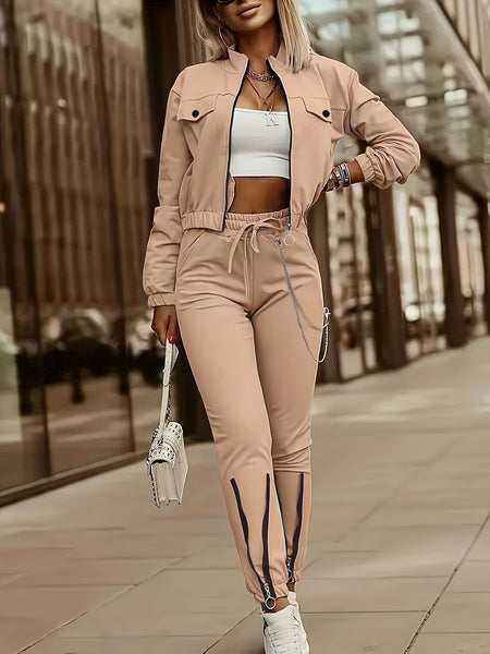 Cross-Border Women'S Two-Piece Set Zipper Long-Sleeved Top Pants Stitching Zipper Design Casual Suit