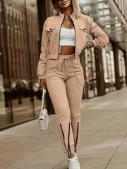 Cross-Border Women'S Two-Piece Set Zipper Long-Sleeved Top Pants Stitching Zipper Design Casual Suit