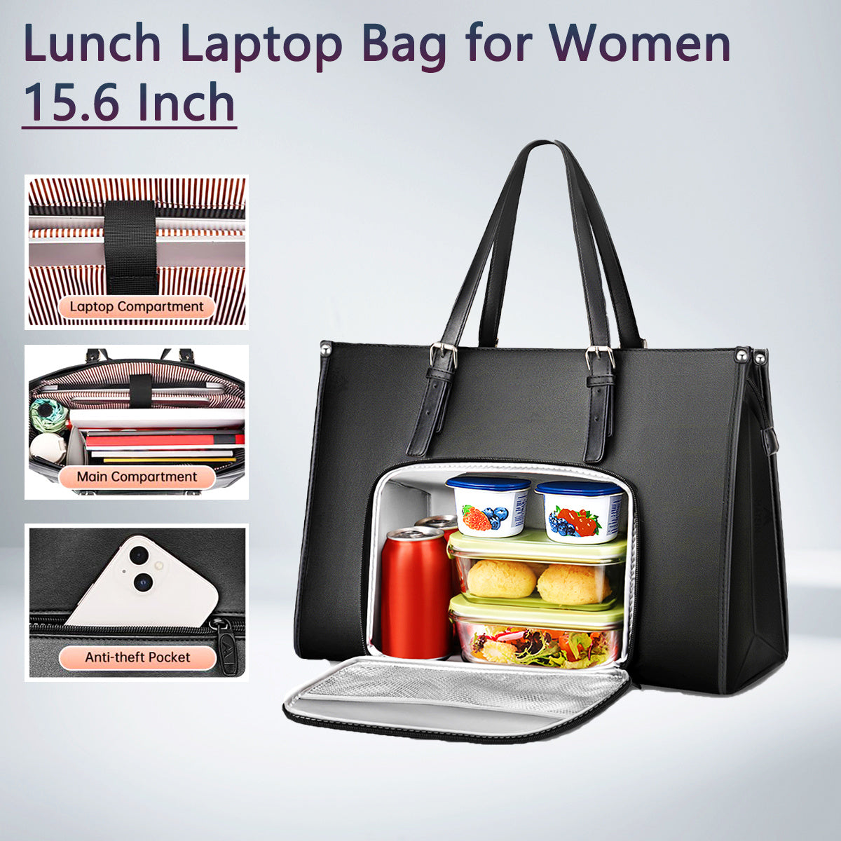 Laptop Tote Bag for Women with Insulated Compartment,Lunch Bag,, 15.6 Inch PU Leather Briefcase Tote, Leakproof Work Handbag with Adjustable Handle, Large Capacity Waterproof Briefcase for School, Multifunctional Office & School Bag, Black