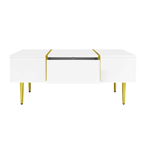 Marble Patterned Countertop Coffee Table with Gold Lines Rectangular Side Table, 2 Drawers, Modern Living Room Coffee Table