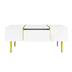 Marble Patterned Countertop Coffee Table with Gold Lines Rectangular Side Table, 2 Drawers, Modern Living Room Coffee Table