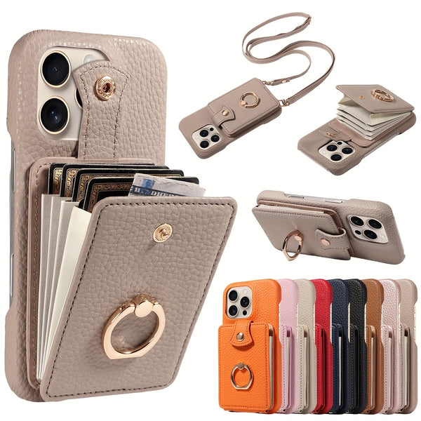 Multi Functional Phone Case for iPhone 17 Pro Max 16 15 14 13 12 11 Faux Leather Accordion Flip Cover with Ring Holder Crossbody Strap Long Lanyard Multi Card Slots Anti Drop