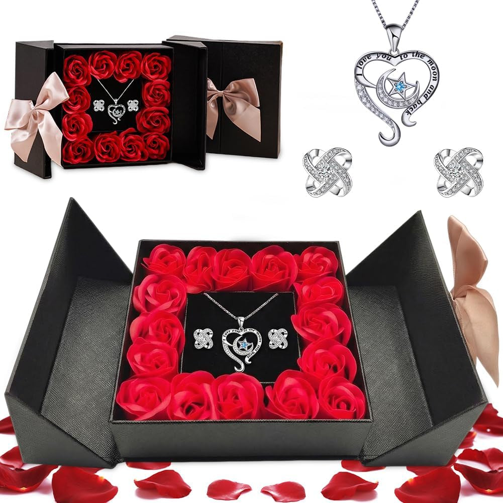 Eternal Flowers Rose Gift Box, Love You Necklace and Earring, Gifts for Women Mum Her, Artificial Rose Flowers for Women Girls for Birthday, Valentines Day, Christmas Silvery