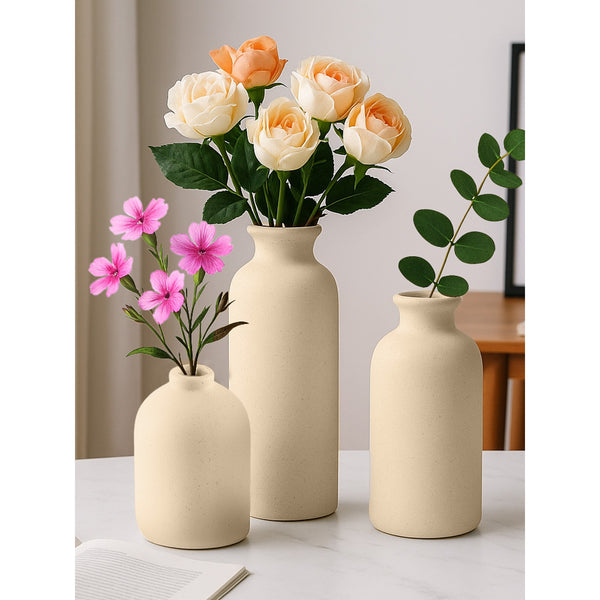 Set of 3 Small Ceramic Vases for Home Decor Table Centrepieces Rustic Farmhouse Style, Mini Decorative Vases (White)
