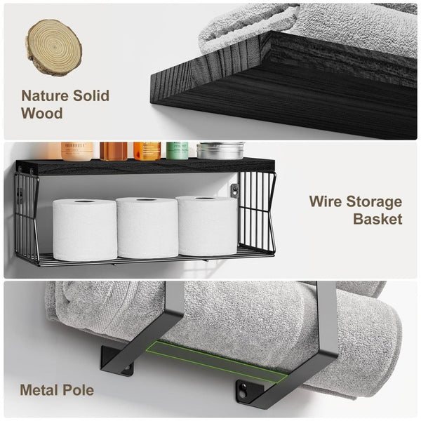 3pcs Wall Mounted Shelf Set - Wood Vertical Storage Organizer Above Toilet, Space Saving Bathroom Shelves for Small Bathrooms, Towel & Decor Storage