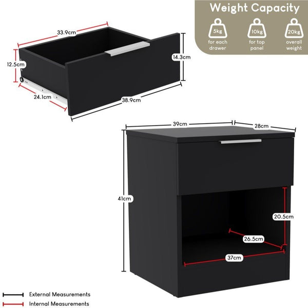 Vida Designs Trega 1 Drawer Bedside Chest Set Of 2, End Table Nightstand Space Saving Storage Organizer Bedroom Furniture