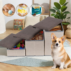 Foldable Dog Stairs, 3 Tier Pet Steps with Storage, Adjustable Dog Ramp for Bed and Sofa, Soft Flannel Pet Stairs for Small & Medium Dogs and Cats