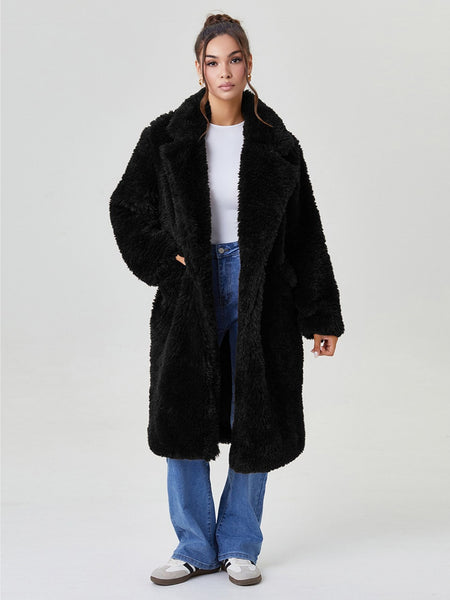 Women's Notch Lapel Plush Double-Breasted Casual Jacket, Leisure Winter Fuzzy Jacket