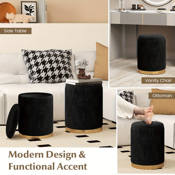 COSTWAY Velvet Storage Ottoman Set of 2 with Golden Stainless Steel Hoop, Ottoman Storage Bench